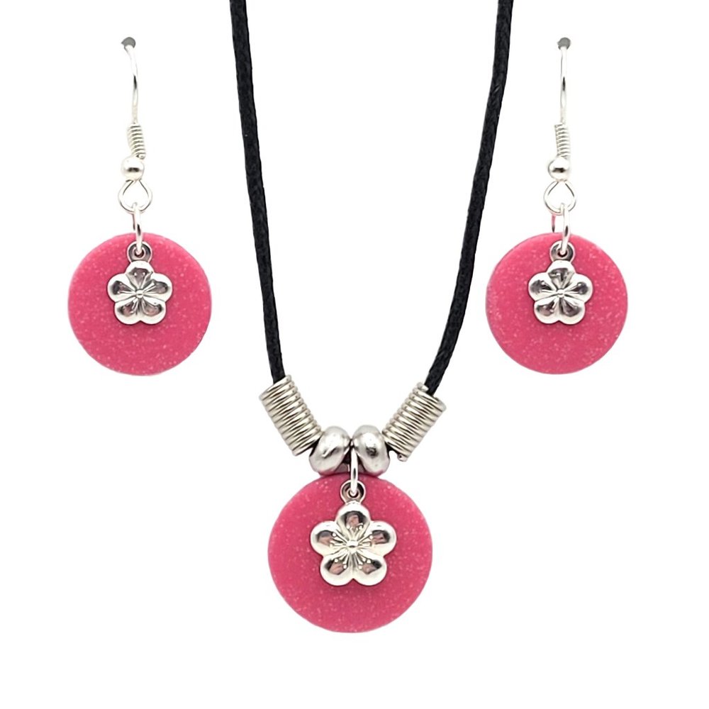 Necklace and Earrings Set - Dark Pink Flowers - Unique Polymer Clay Design